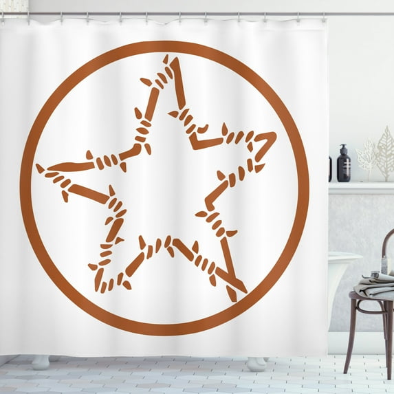 Texas Star Shower Curtain, Barbed Wire Style Star in a Circle Western Themed Monochrome Motif Borders, Fabric Bathroom Set with Hooks, 69W X 84L Inches Extra Long, Brown and White, by Ambesonne