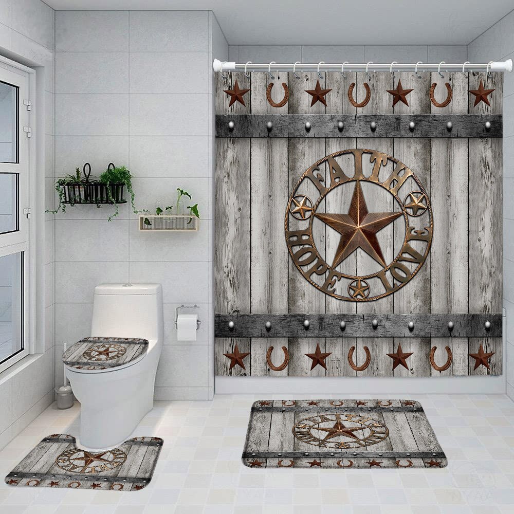Texas Star Shower Curtain Barn Door Wooden Plank Cow Sunflower Carpet