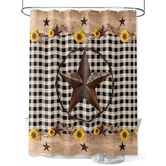 Texas Star Shower Curtain, Country Star Sunflower Vintage Plaid Wood Grain Waterproof Shower Curtain Set with 12 Hooks Lightweight Washable Fabric Shower Curtains for Bathroom 60x72 Inches