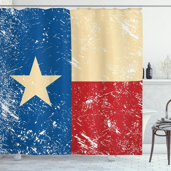 Texas Star Shower Curtain, Grunge Flag Illustration with Lone Star Retro Independence Sign, Fabric Bathroom Set with Hooks, 69W X 75L Inches Long, Vermilion Beige Navy Blue, by Ambesonne
