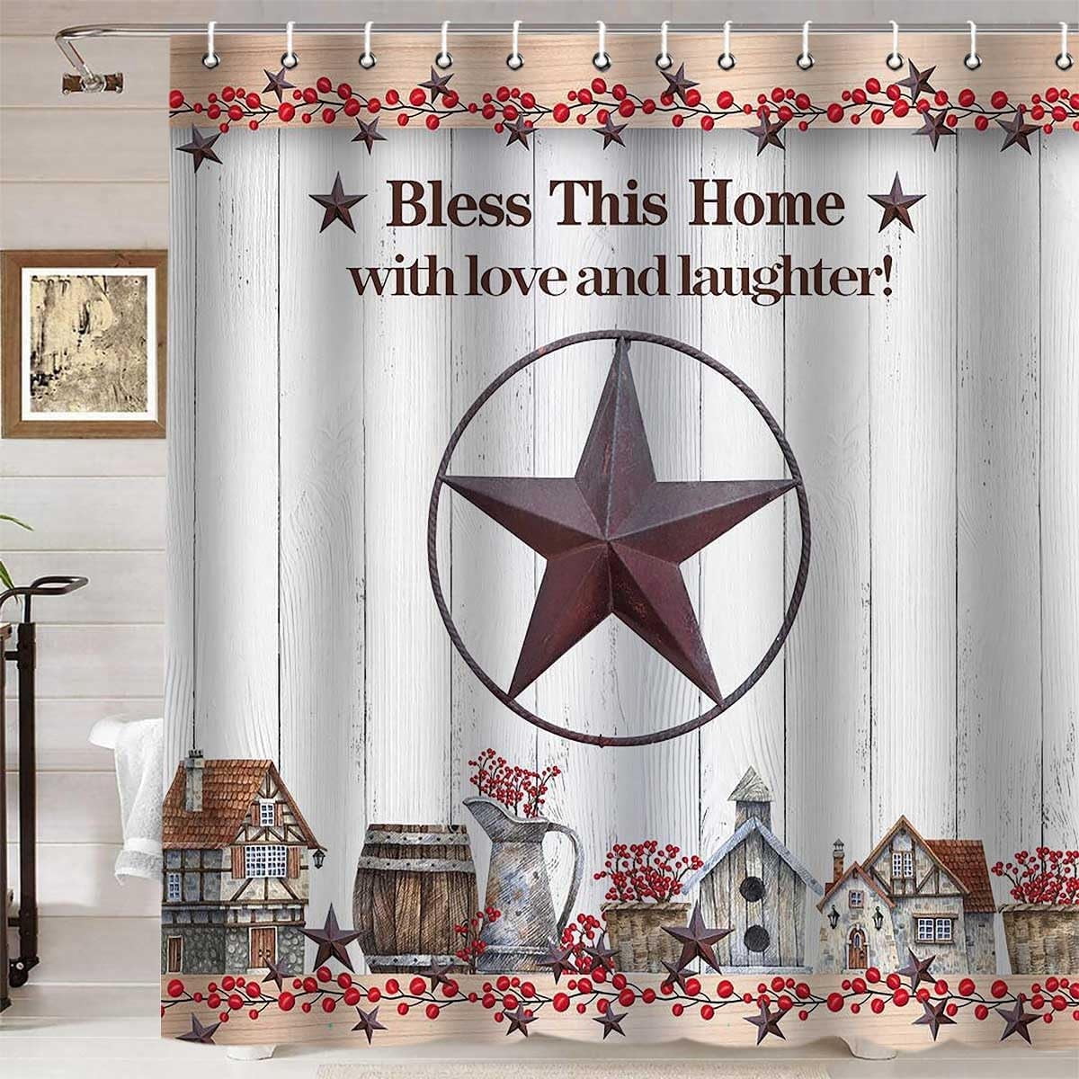Texas Star Shower Curtain, Primitive Shower Curtain, Farmhouse Shower Curtain, Red Berry Barn Western Vintage Country Rustic Bathroom Decor Waterproof Fabric White Shower Curtain, 72 X 72 Inch