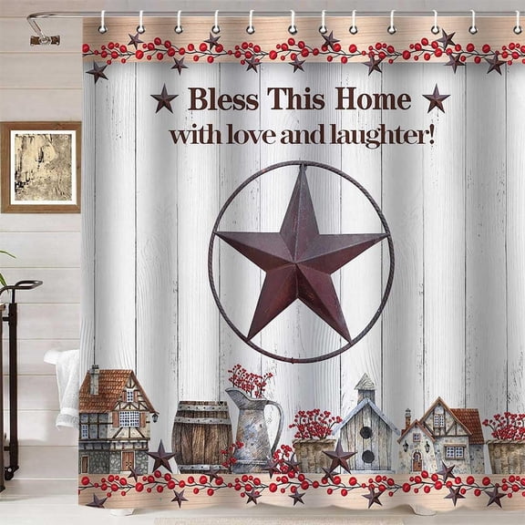 Texas Star Shower Curtain, Primitive Shower Curtain, Farmhouse Shower Curtain, Red Berry Barn Western Vintage Country Rustic Bathroom Decor Waterproof Fabric White Shower Curtain, 72 X 72 Inch