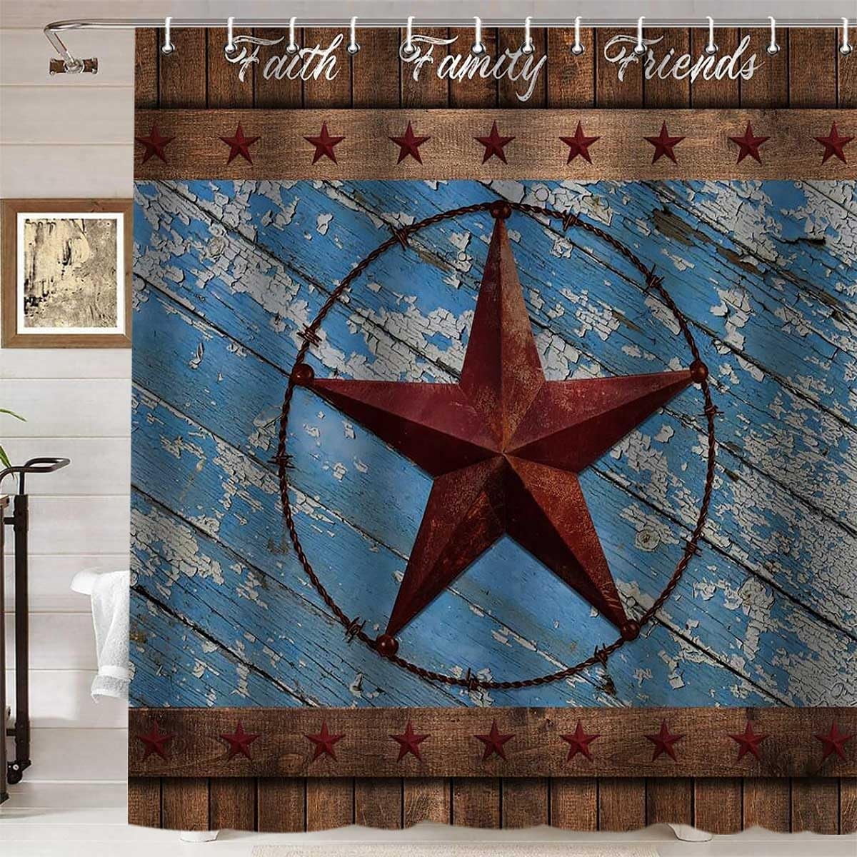 Texas Star Shower Curtain, Western Shower Curtain, Red Texas Star Lone Star Country Vintage Blue Wooden Board Rustic Farmhouse Bathroom Decor, Waterproof Fabric Shower Curtain, 72 X 72 Inch