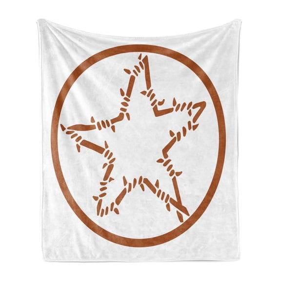 Texas Star Soft Flannel Fleece Blanket, Barbed Wire Style Star in a Circle Western Themed Monochrome Motif Borders, Cozy Plush for Indoor and Outdoor Use, 50" x 70", Brown and White, by Ambesonne