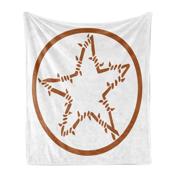 Texas Star Soft Flannel Fleece Blanket, Barbed Wire Style Star in a Circle Western Themed Monochrome Motif Borders, Cozy Plush for Indoor and Outdoor Use, 60" x 80", Brown and White, by Ambesonne