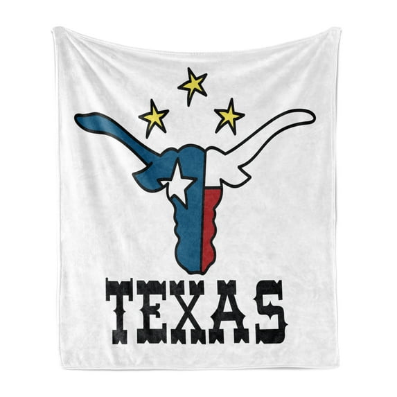 Texas Star Soft Flannel Fleece Blanket, Doodle Style Buffalo Head with Horns Texas Flag and Vintage Letters Cowboy Theme, Cozy Plush for Indoor and Outdoor Use, 60" x 80", Multicolor, by Ambesonne