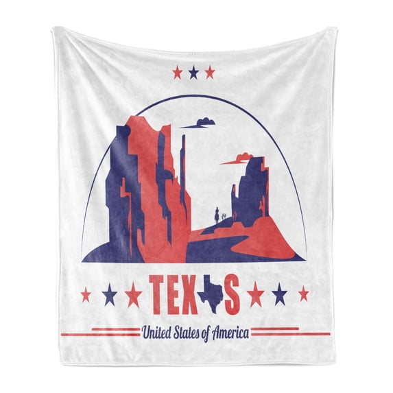 Texas Star Soft Flannel Fleece Throw Blanket, Texas State Map with Cowboy Silhouette Among Canyons Desert Design, Cozy Plush for Indoor and Outdoor Use, 70" x 90", Indigo and Dark Coral, by Ambesonne
