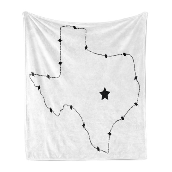 Texas Star Soft Flannel Fleece Throw Blanket, USA State Map with Barbed Wire Pattern Monochrome Border Control Image, Cozy Plush for Indoor and Outdoor Use, 70" x 90", Black and White, by Ambesonne