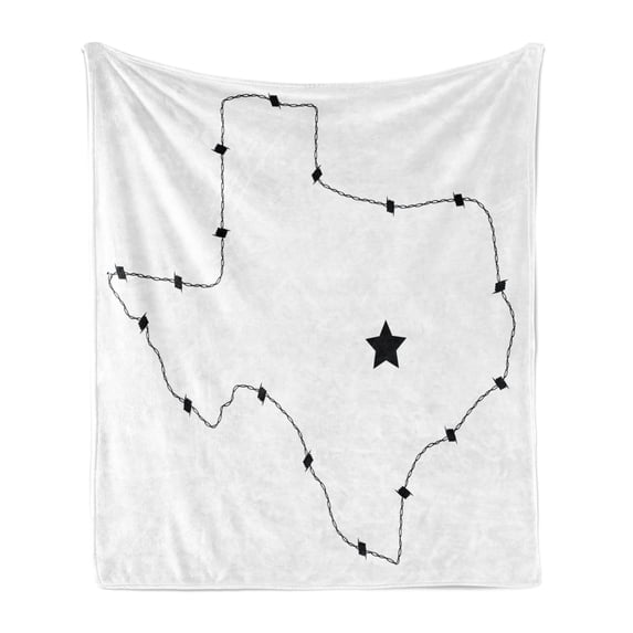 Texas Star Soft Flannel Fleece Throw Blanket, USA State Map with Barbed Wire Pattern Monochrome Border Control Image, Cozy Plush for Indoor and Outdoor Use, 70" x 90", Black and White, by Ambesonne