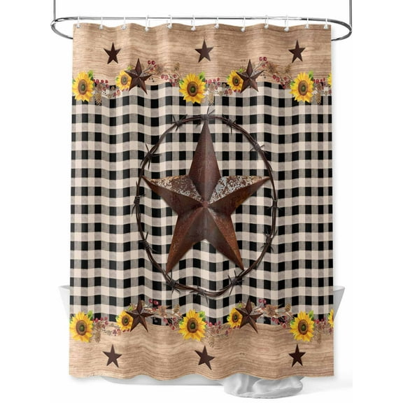 Texas Star Stall Shower Curtain, Waterproof Shower Curtains for Bathroom, Farmhouse Country Sunflower Black Plaid Washable Fabric Cloth Bath Curtain for Bathtub Decoration with Hooks 36x72 Inches