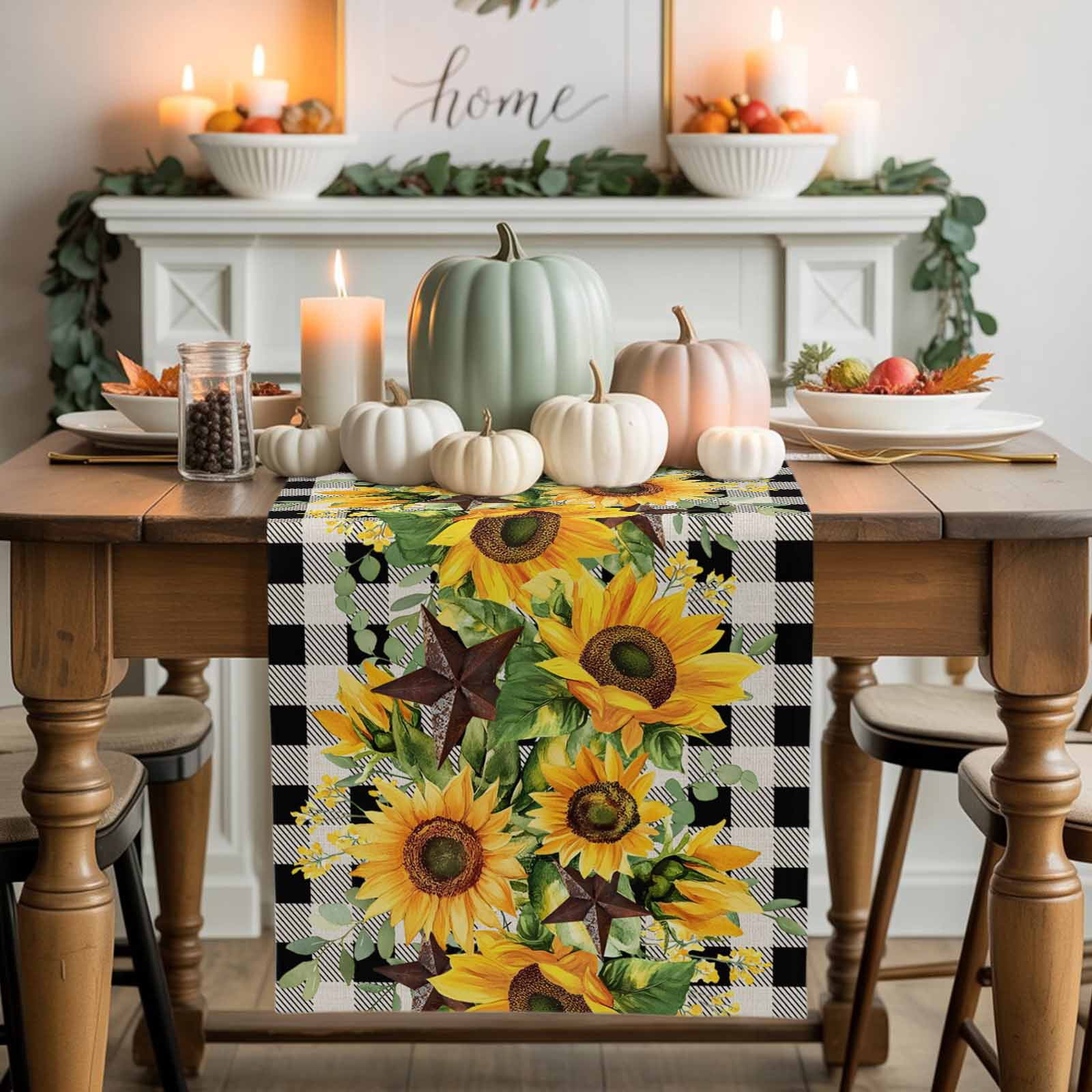 Texas Star Sunflower Cotton Linen Table Runner, Washable Table Runners for Kitchen, Dining Room, Holiday, Home Party Table Decor, 13x90 Inches