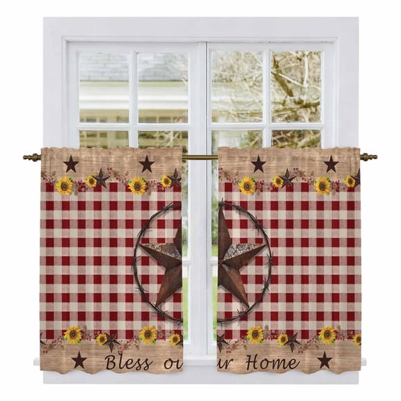 Texas Star Sunflower Kitchen Curtains, Farmhouse Country Plaid Brown Light Filtering Window Curtain Panels, 2Pcs Rod Pocket Window Treatments Set for RV Dining Room Study Room 42x45 Inches