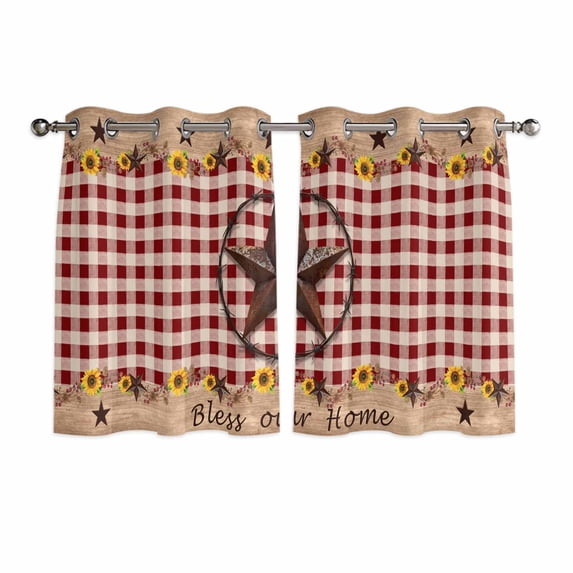 Texas Star Sunflower Kitchen Curtains Short 45 Inch Length, Farmhouse Country Plaid Brown Grommet Top Bedroom Living Room Curtains, Light Filtering Cafe Curtain Drapes 2 Panels Set 84''x45''