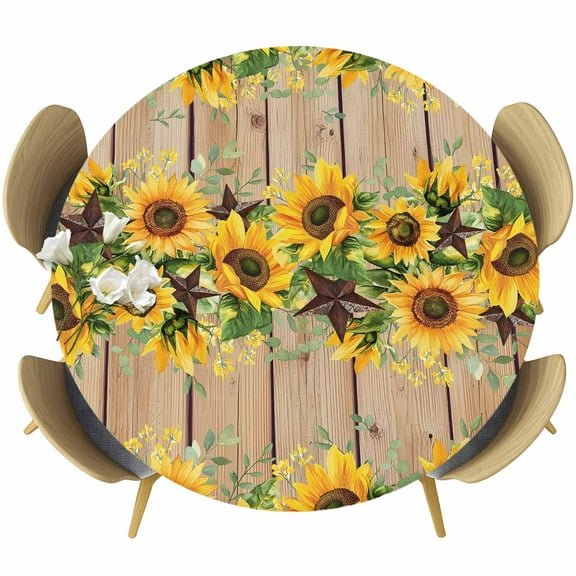 Texas Star Sunflower Round Fitted Tablecloth with Elastic Edge, Vintage Flowers Stretch Table Covers for 36"-44" Tables Wipeable Table Cloth for Outdoor