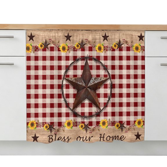 Texas Star Sunflower Sink Skirt 10"W x 11"L,Dustproof Under Sink Curtain Skirt for Bathroom Kitchen,Farmhouse Country Plaid Brown Adhesive Short Vanity Curtains Cover for Laundry Closet Shoe Rack