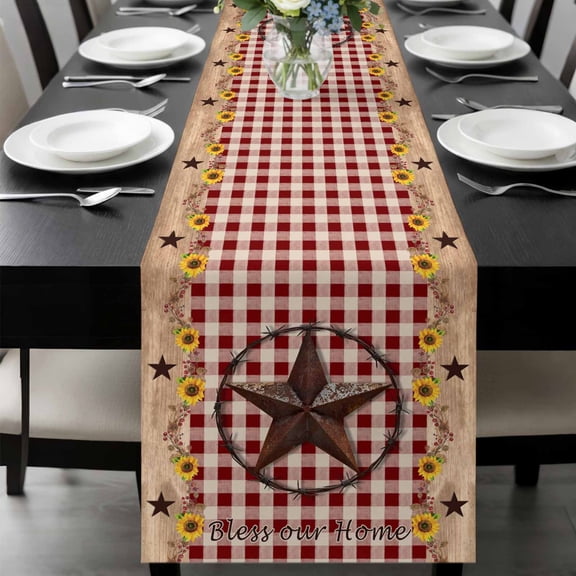 Texas Star Sunflower Table Runner 60 Inches Long, Farmhouse Country Plaid Brown Kitchen Coffee Dining Table Decoration for Home Party Birthday Wedding Home Decor 13x60 Inches