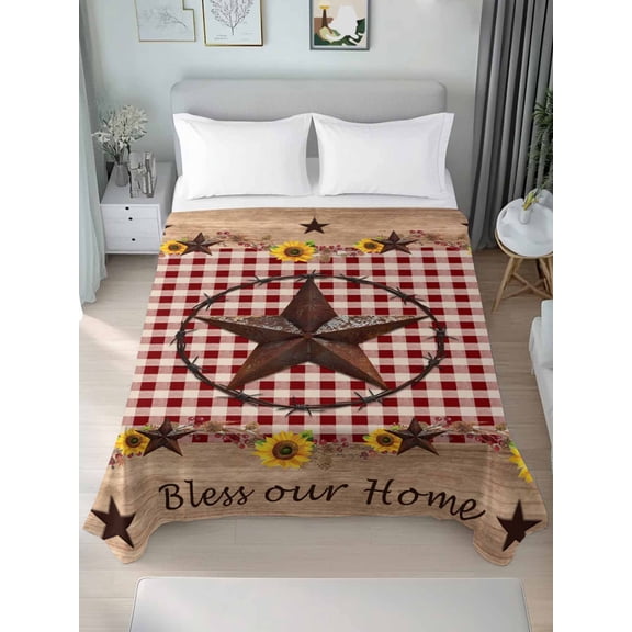 Texas Star Sunflower Twim XL Size Flat Sheet, Wrinkleproof & Fadeproof Cooling Flat Bed Sheet Only, Farmhouse Country Plaid Brown Breathable Soft Bedding Top Sheets 66 x 102 Inches