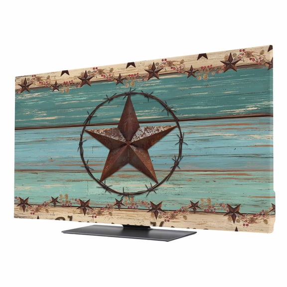 Texas Star TV Dust Cover 24 Inch, Vintage Country Star Teal Wood Grain Computer Monitor Cover Dustproof Stretchable Indoor TV Screen Protector for LED LCD Universal Monitors