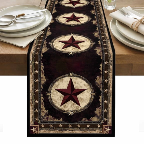 Texas Star Table Runner 13 x 36 Inch, Western Retro Red Star Washable Cotton Linen Dining Table Runner Tabletop Decorations for Restaurant Home Kitchen Party