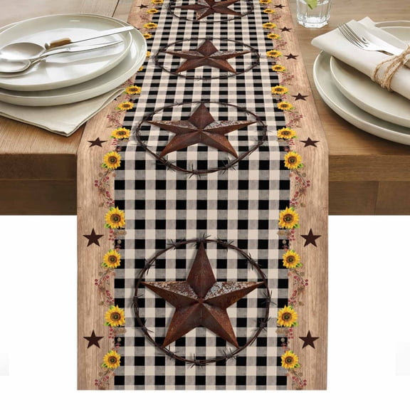 Texas Star Table Runner 13 x 48 Inch, Country Star Sunflower Washable Cotton Linen Dining Table Runner Tabletop Decorations for Restaurant Home Kitchen Party