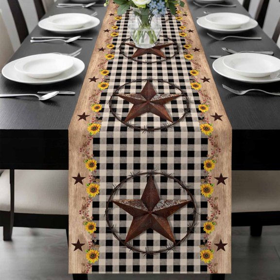 Texas Star Table Runner 48 Inches Long, Farmhouse Country Sunflower Black Plaid Kitchen Coffee Dining Table Decoration for Home Party Birthday Wedding Home Decor 13x48 Inches