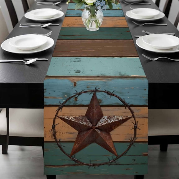 Texas Star Table Runner 48 Inches Long, Teal Brown Farmhouse Wooden Country Kitchen Coffee Dining Table Decoration for Home Party Birthday Wedding Home Decor 13x48 Inches