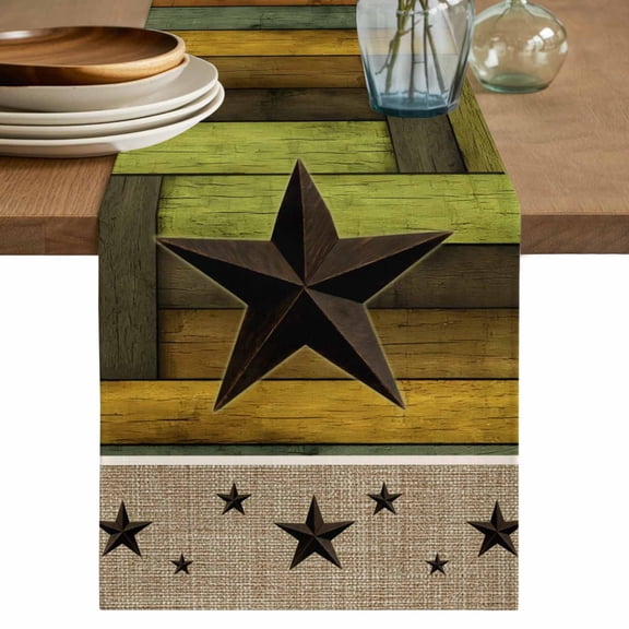 Texas Star Table Runner 70 Inches, Western Stars Farmhouse Wooden Plank Border Bed Runner Dresser Scarves Tabletop for Indoor Outdoor Parties/Ceremony/Banquet, 13" x 70"