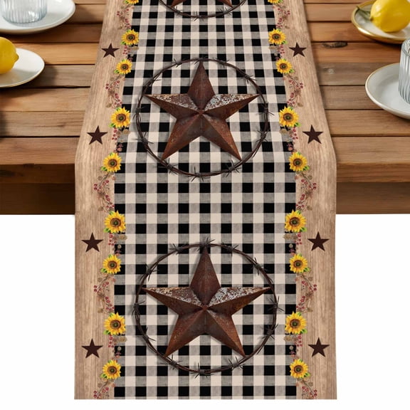 Texas Star Table Runner, Country Star Sunflower Cotton Linen Table Cloth, Vintage Plaid Wood Grain Tablerunner for Kitchen Dining Party Wedding Home Decor 13x48 Inch