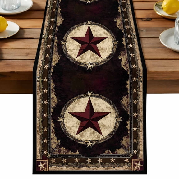 Texas Star Table Runner, Western Retro Red Star Cotton Linen Table Cloth, Rustic Farmhouse Tablerunner for Kitchen Dining Party Wedding Home Decor 13x36 Inch