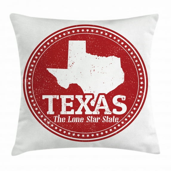 Texas Star Throw Pillow Cushion Cover, Vintage Stamp Pattern Map and the Lone Star State Written in Circular Frame, Decorative Square Accent Pillow Case, 24 X 24 Inches, Ruby and White, by Ambesonne