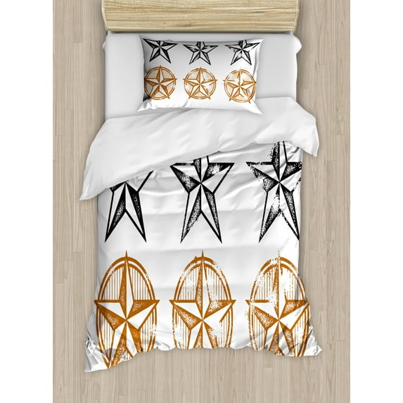 Texas Star Twin Size Duvet Cover Set, Vintage Western Stars Antique Hand Drawn Illustration Stripes, Decorative 2 Piece Bedding Set with 1 Pillow Sham, Black White and Pale Brown, by Ambesonne