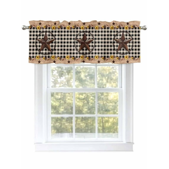 Texas Star Valances for Windows Country Star Sunflower Vintage Plaid Wood Grain Kitchen Valance Curtain Rod Pocket Small Curtains for Cafe Bathroom Laundry Basement 42" x 12"