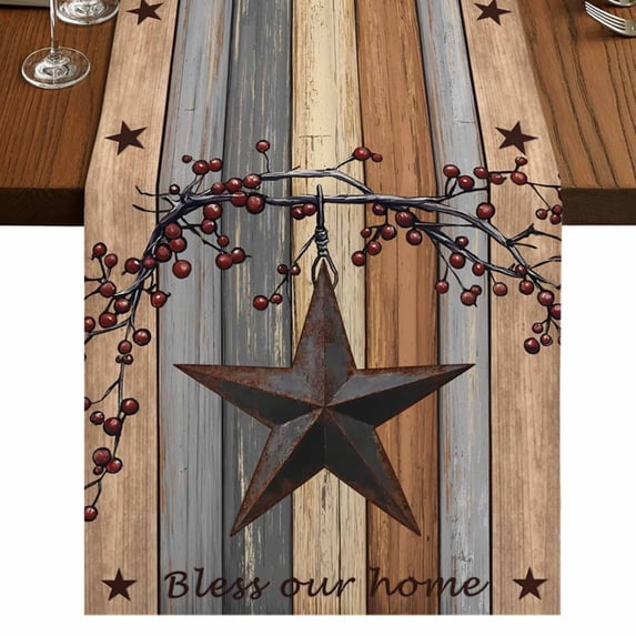 Texas Star Vintage 108 Inch Table Runner, Berry Grey Blue Brown Wooden Farmhouse Dresser Scarf Cotton & Linen Tablerunner for Dining/Kitchen Island/Holiday Party Décor 13" x 108"