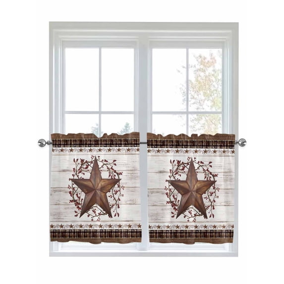 Texas Star Vintage 2 Panel Kitchen Curtains for Small Windows, Red Berry Retro Art Brown White Wooden Bathroom Tier Curtain, Short Window Treatment for Bedroom/Living Room 55"x36"