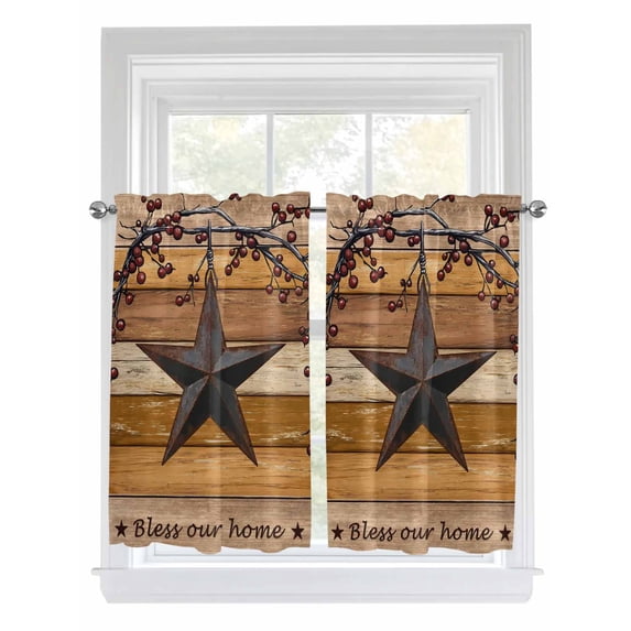 Texas Star Vintage 2 Panel Kitchen Curtains for Windows, Berry Yellow Brown Wooden Bathroom Privacy Curtain, Home Décor Window Treatment for Bedroom/Living Room 55"x45"
