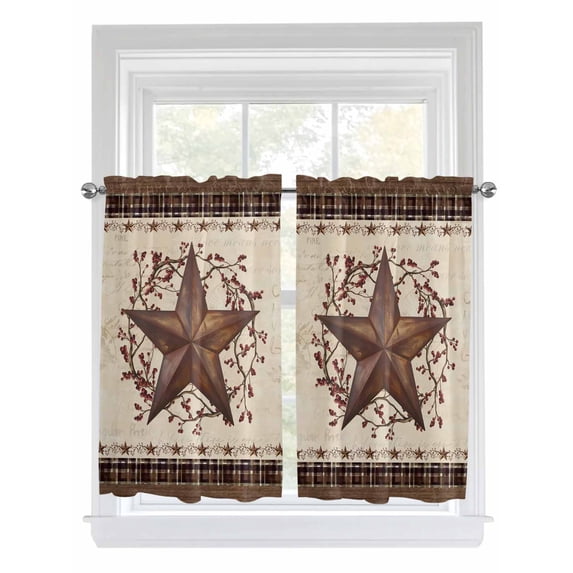 Texas Star Vintage 2 Panel Kitchen Curtains for Windows, Brown Retro Art Red Berry Farmhouse Bathroom Privacy Curtain, Home Décor Window Treatment for Bedroom/Living Room 55"x45"
