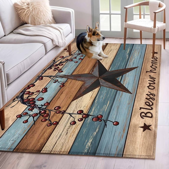 Texas Star Vintage Area Rugs 3'x5', Washable Small Throw Rugs for Living Room Bedroom, Berry Navy Blue Brown Wooden Indoor Outdoor Rug Non-Slip Low Pile Carpet Runner Reversible Floor Mats