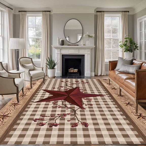 Texas Star Vintage Area Rugs 5'x7', Washable Small Throw Rugs for Laundry Room Playroom, Brown Checkered Berry Farmhouse Indoor Outdoor Rug Non-Slip Low Pile Carpet Runner Reversible Floor Mats