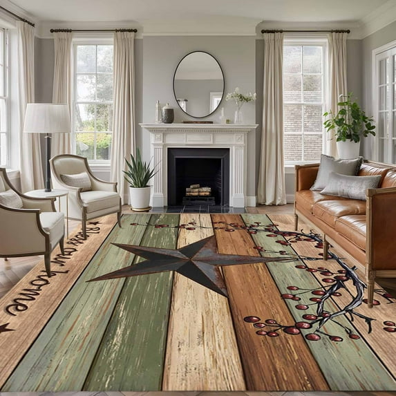 Texas Star Vintage Area Rugs 8'x10', Washable Small Throw Rugs for Living Room Patio, Berry Sage Green Brown Wooden Indoor Outdoor Rug Non-Slip Low Pile Carpet Runner Reversible Floor Mats