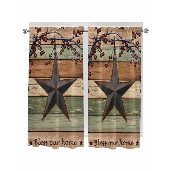 Texas Star Vintage Bathroom Window Curtain, Berry Sage Green Brown Wooden Light Filtering Coffee Kitchen Curtains, Bedroom Living Room Curtains 2 Panel 84"x63"