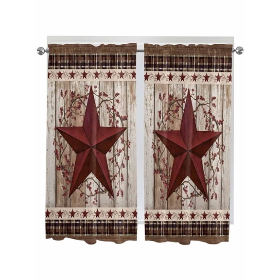 Texas Star Vintage Bathroom Window Curtain, Red Berry Retro Art Wooden Light Filtering Coffee Kitchen Curtains, Bedroom Living Room Curtains 2 Panel 84"x63"