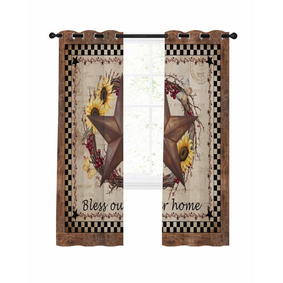 Texas Star Vintage Blackout Curtains, Light Blocking Print Window Curtains, Sunflower Checkered Stars Retro Art Thermal Insulated Window Drapes for Living Room Kitchen Cafe 2 Panels, 84"W x 63"L