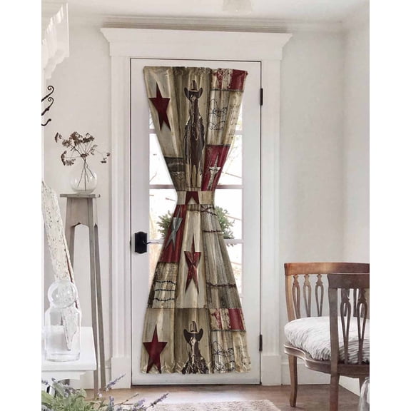 Texas Star Vintage Blackout Door Curtains for French, Glass,Front, Back, Patio Door, Western Cowboy Country Wooden Thermal Insulated Rod Pocket Window Curtain Drapes With Tiebacks 25"x72"