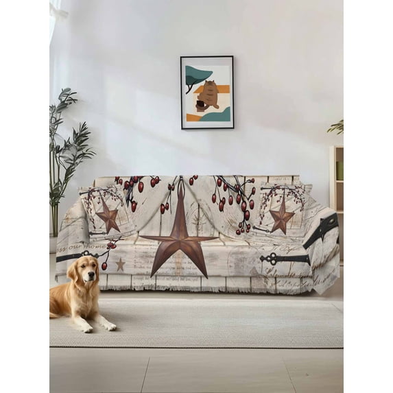 Texas Star Vintage Couch Cover, Brown Retro Berry Beige Wooden Sofa Cover Blanket for Loveseat Couches, Sectional Sofa Slipcover Furniture Protector for Living Room Bedroom 71''x118''
