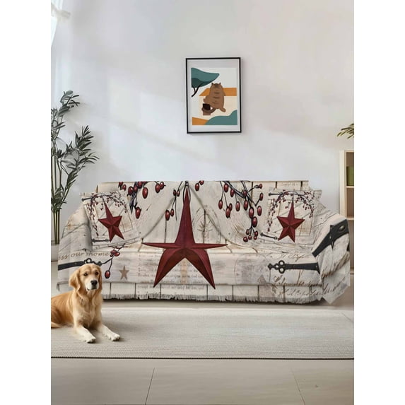 Texas Star Vintage Couch Cover Sofa Covers 3 Cushion Sectional Couch, Red Retro Berry Beige Wooden Washable Sofa Covers Slipcover Sectional Sofa Cover, Furniture Protector 71"x150"