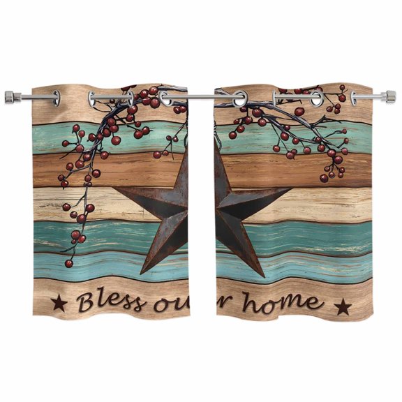 Texas Star Vintage Kitchen Curtains Window Panels, Berry Turquoise Green Brown Wooden Insulated Window Treatment Curtain, Grommet Curtains for Bedroom/Living Room/Bathroom, 2 Piece 27.5"Wx39"L