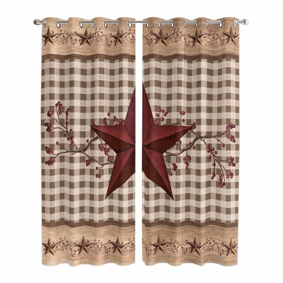 Texas Star Vintage Kitchen Curtains Window Panels, Brown Checkered Berry Farmhouse Insulated Window Treatment Curtain, Grommet Curtains for Bedroom/Living Room/Bathroom, 2 Piece 42"Wx84"L