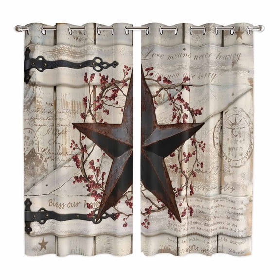 Texas Star Vintage Kitchen Curtains Window Panels, Brown Retro Berry Wooden Insulated Window Treatment Curtain, Grommet Curtains for Bedroom/Living Room/Bathroom, 2 Piece 52"Wx84"L