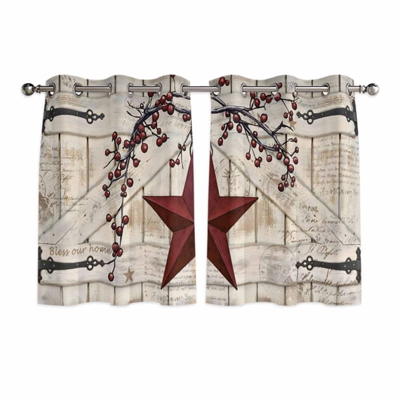 Texas Star Vintage Kitchen Curtains Window Panels, Red Retro Berry Beige Wooden Insulated Window Treatment Curtain, Grommet Curtains for Bedroom/Living Room/Bathroom, 2 Piece 42"Wx54"L