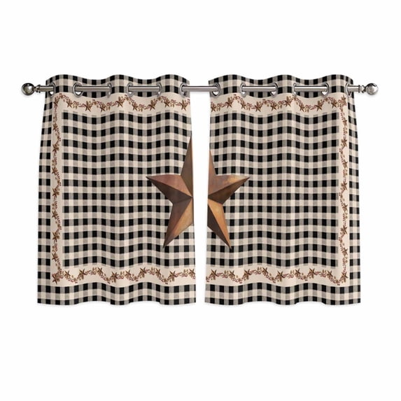 Texas Star Vintage Kitchen Curtains Window Panels, Retro Country Brown Stars Checkered Insulated Window Treatment Curtain, Grommet Curtains for Bedroom/Living Room/Bathroom, 2 Piece 42"Wx45"L